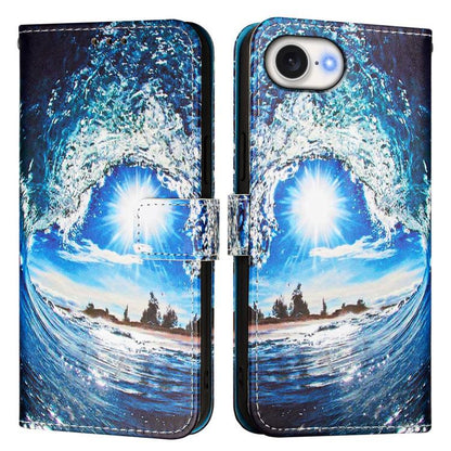 For iPhone 16e Colored Drawing Pattern Plain Weave Leather Phone Case(Waves And Sun) by bashfashion