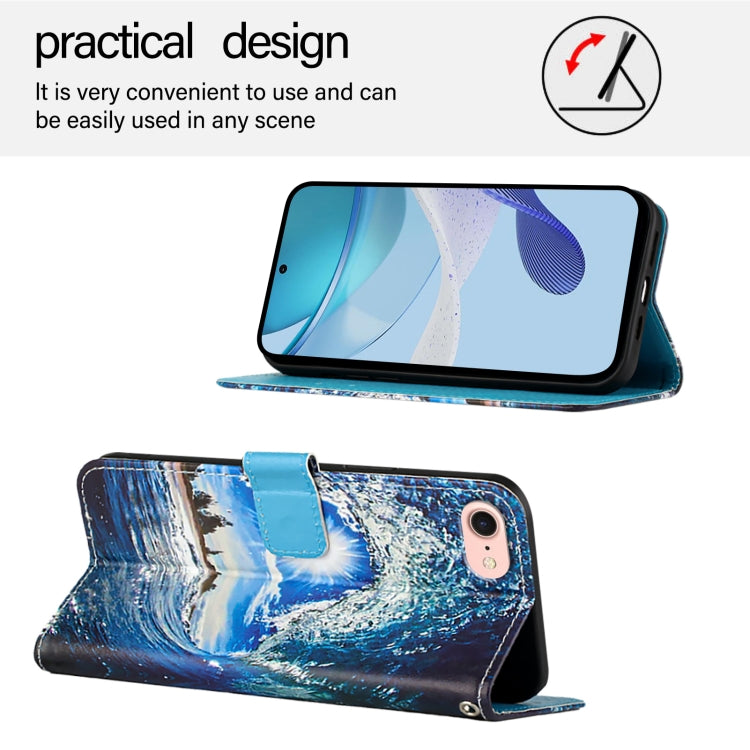 For iPhone 16e Colored Drawing Pattern Plain Weave Leather Phone Case(Waves And Sun) by bashfashion