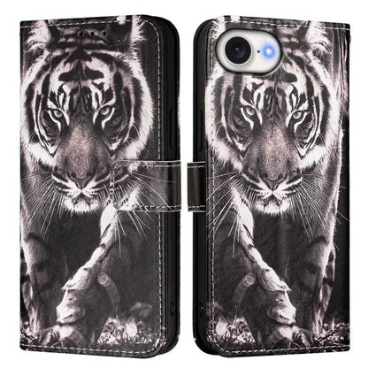 For iPhone 16e Colored Drawing Pattern Plain Weave Leather Phone Case(Black And White Tiger) by bashfashion