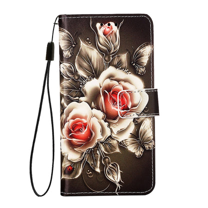 For iPhone 16e Colored Drawing Pattern Plain Weave Leather Phone Case(Roses On Black) by bashfashion