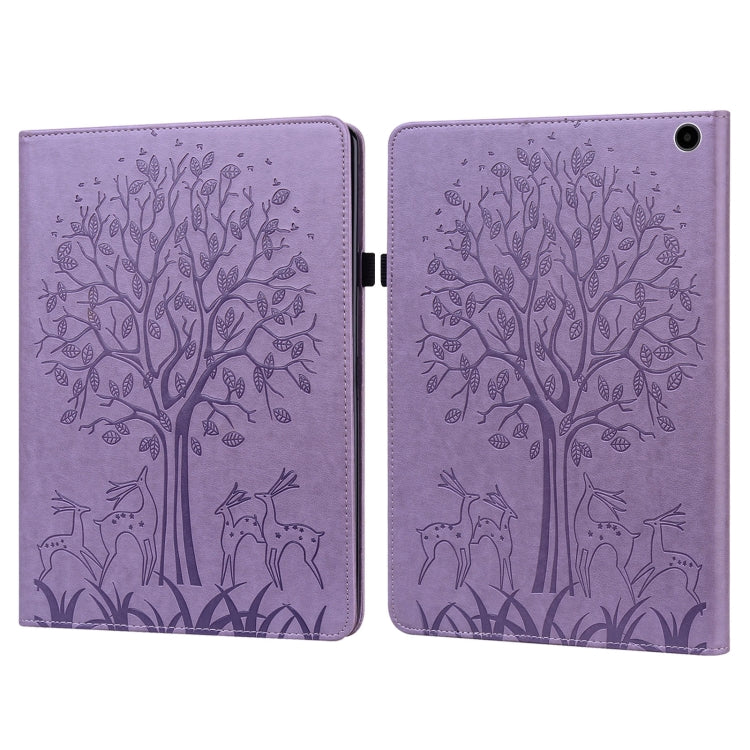 For Amazon Fire Max 11 Tree & Deer Embossed Leather Tablet Case(Purple) by bashfashion