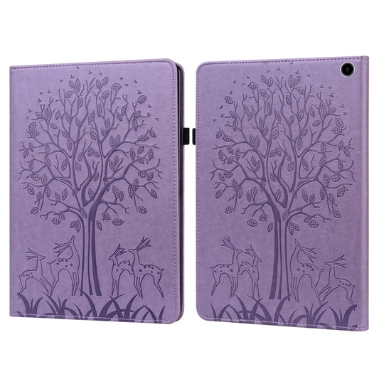 For Amazon Fire Max 11 Tree & Deer Embossed Leather Tablet Case(Purple) by bashfashion