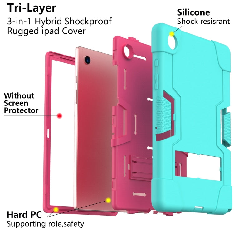 For Samsung Galaxy Tab A8 Contrast Color Robot Silicone Hybrid PC Tablet Case with Holder(Mint Green Rose Red) by bashfashion
