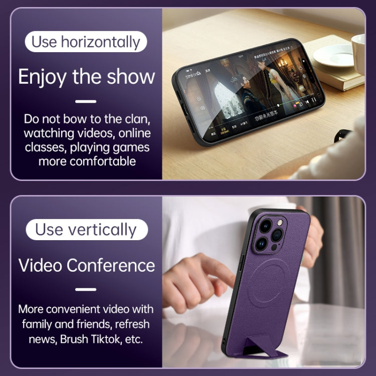 For iPhone 14 SULADA Folding Holder Lambskin Texture MagSafe Phone Case(Blue) by SULADA