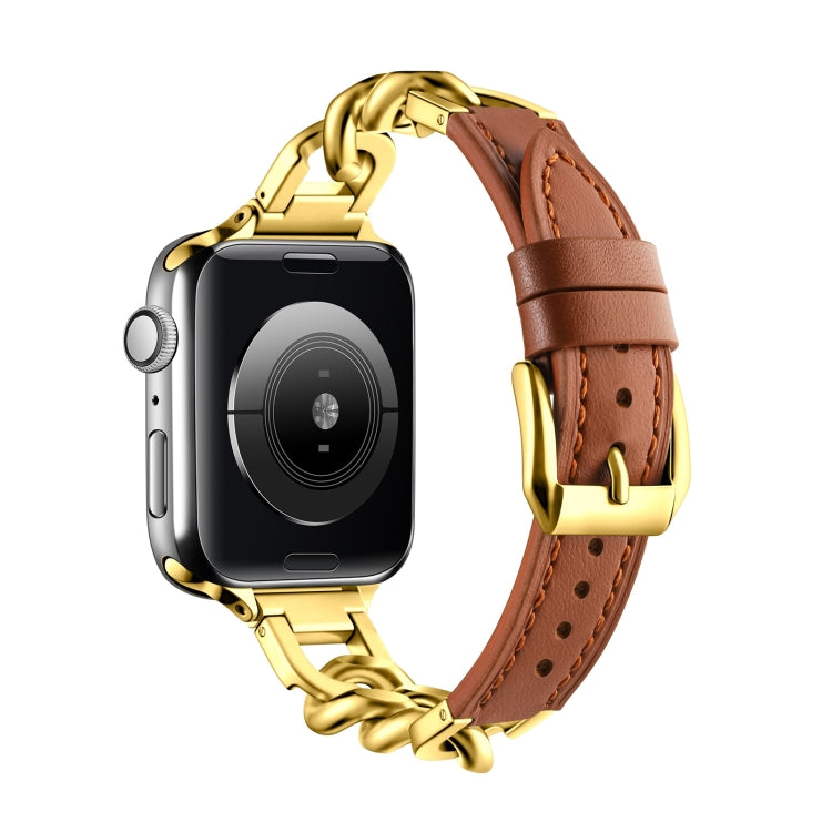 For Apple Watch Ultra 49mm Chain Genuine Leather Watch Band, Size: S(Gold Brown) by bashfashion