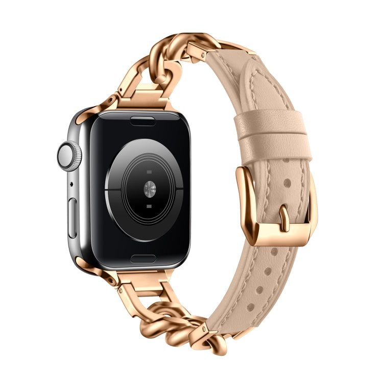 For Apple Watch Ultra 49mm Chain Genuine Leather Watch Band, Size: S(Rose Gold Apricot) by bashfashion