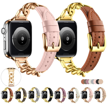 For Apple Watch Series 9 45mm Chain Genuine Leather Watch Band, Size: S(Rose Gold Apricot) by bashfashion
