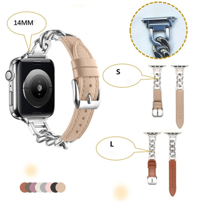 For Apple Watch Series 9 45mm Chain Genuine Leather Watch Band, Size: S(Rose Gold Beige) by bashfashion
