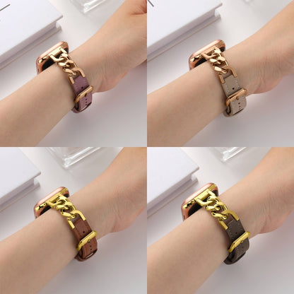 For Apple Watch Ultra 2 49mm Chain Genuine Leather Watch Band, Size: S(Gold Grey) by bashfashion