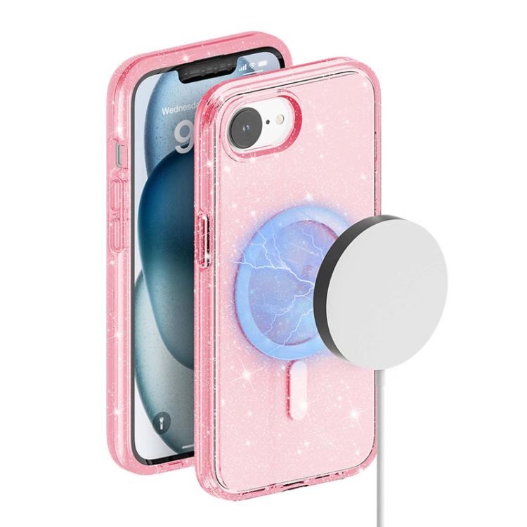 For iPhone 16e Terminator Style Glitter Powder MagSafe Magnetic Phone Case(Pink) by bashfashion