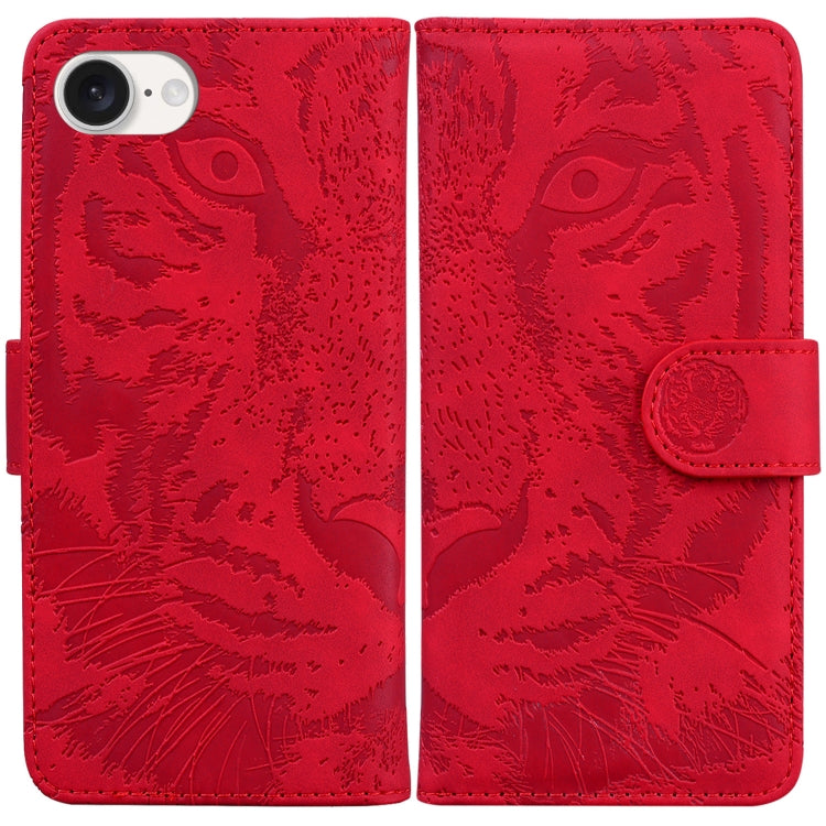 For iPhone 16e Tiger Embossing Pattern Leather Phone Case(Red) by bashfashion