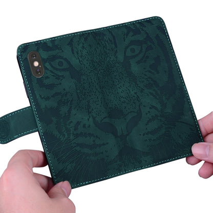 For iPhone 16e Tiger Embossing Pattern Leather Phone Case(Green) by bashfashion