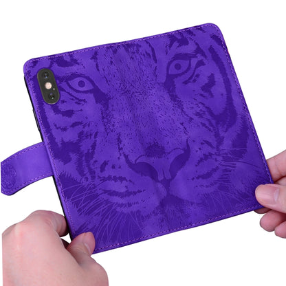 For iPhone 16e Tiger Embossing Pattern Leather Phone Case(Purple) by bashfashion