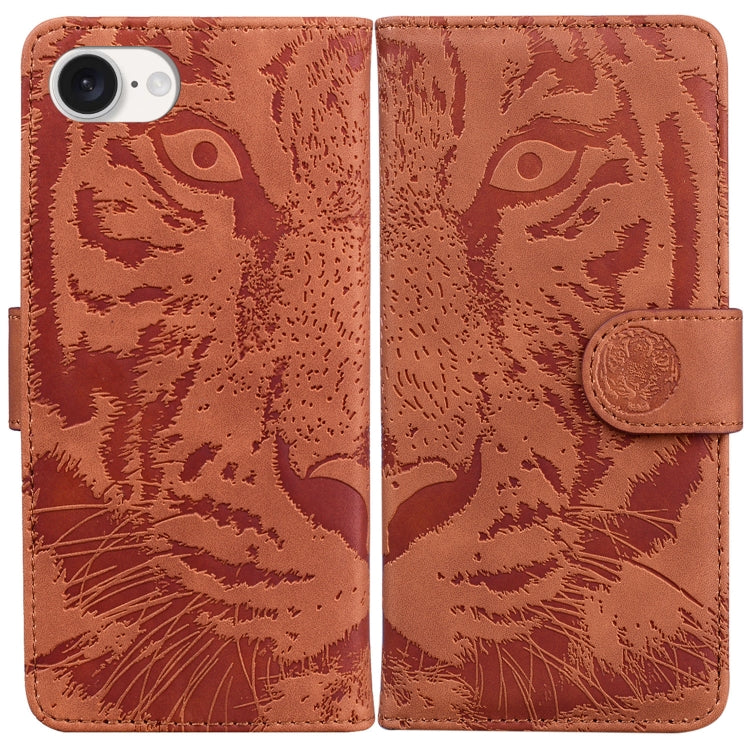 For iPhone 16e Tiger Embossing Pattern Leather Phone Case(Brown) by bashfashion