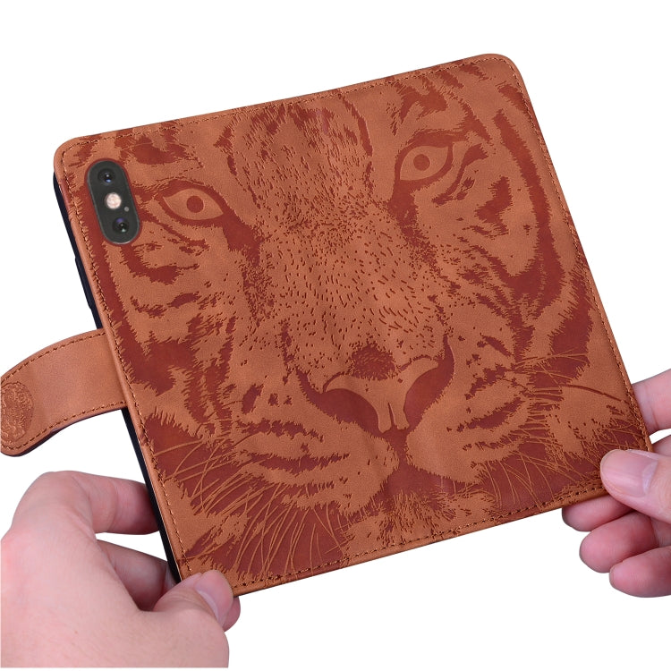 For iPhone 16e Tiger Embossing Pattern Leather Phone Case(Brown) by bashfashion