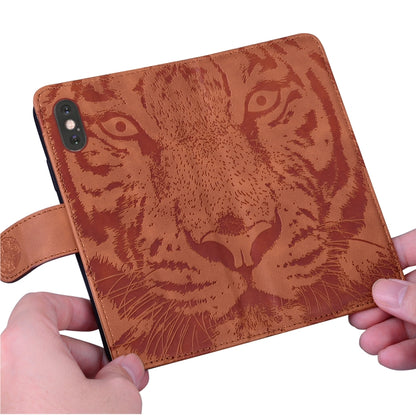 For iPhone 16e Tiger Embossing Pattern Leather Phone Case(Brown) by bashfashion