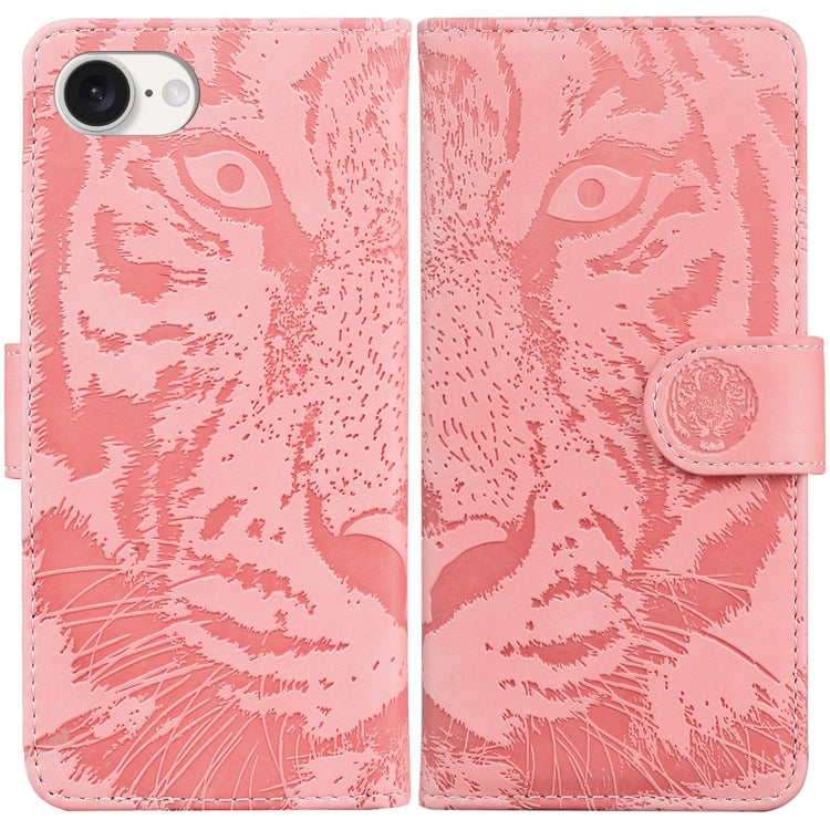 For iPhone 16e Tiger Embossing Pattern Leather Phone Case(Pink) by bashfashion