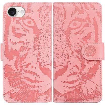 For iPhone 16e Tiger Embossing Pattern Leather Phone Case(Pink) by bashfashion