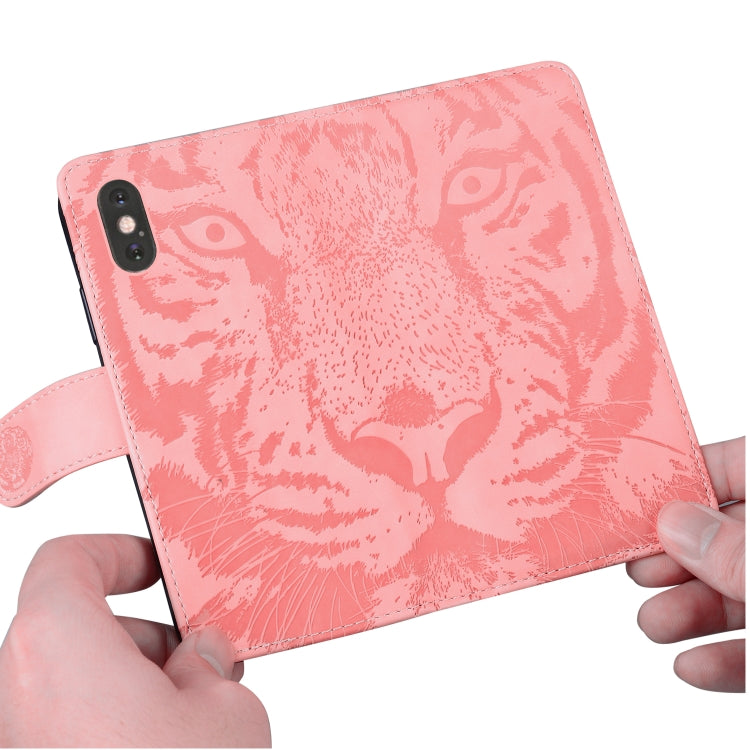 For iPhone 16e Tiger Embossing Pattern Leather Phone Case(Pink) by bashfashion