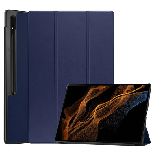 For Samsung Galaxy Tab S10 Ultra / S9 Ultra Custer Pure Color 3-Fold Holder Smart Leather Tablet Case(Dark Blue) by bashfashion