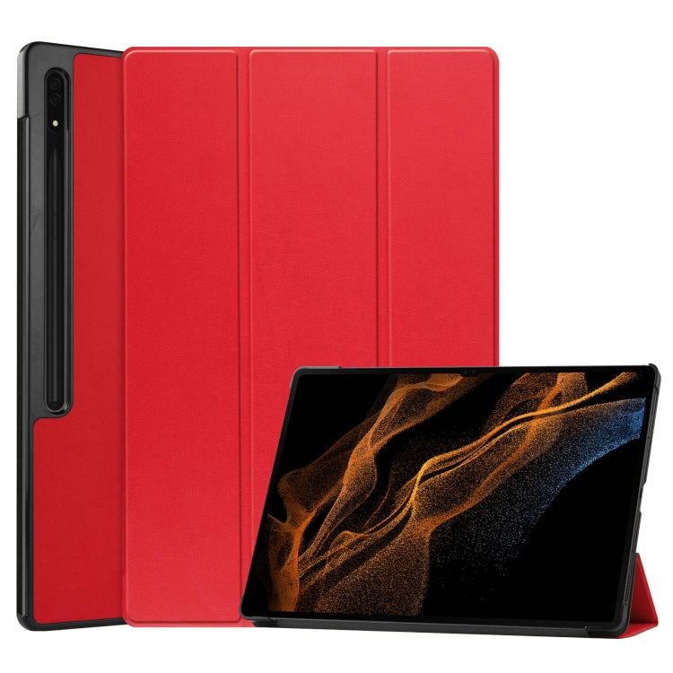 For Samsung Galaxy Tab S10 Ultra / S9 Ultra Custer Pure Color 3-Fold Holder Smart Leather Tablet Case(Red) by bashfashion