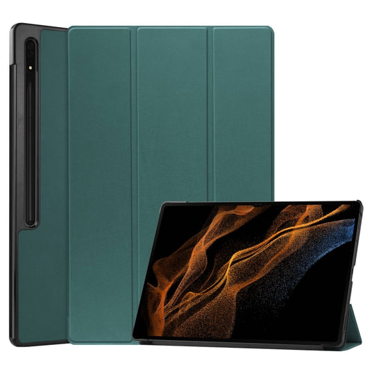For Samsung Galaxy Tab S10 Ultra / S9 Ultra Custer Pure Color 3-Fold Holder Smart Leather Tablet Case(Dark Green) by bashfashion