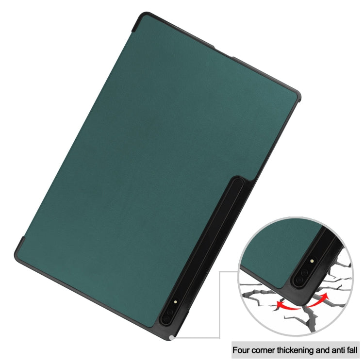 For Samsung Galaxy Tab S10 Ultra / S9 Ultra Custer Pure Color 3-Fold Holder Smart Leather Tablet Case(Dark Green) by bashfashion