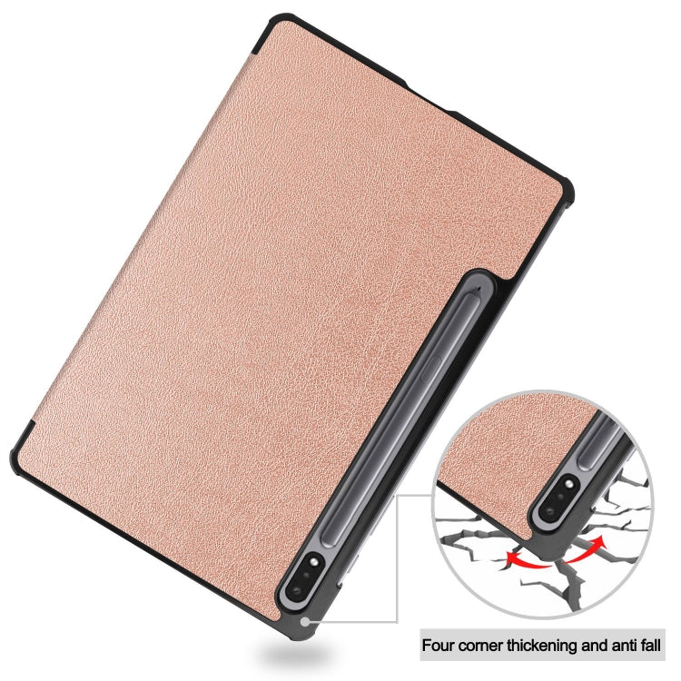 For Samsung Galaxy Tab S9 Custer Pure Color 3-Fold Holder Smart Leather Tablet Case(Rose Gold) by bashfashion