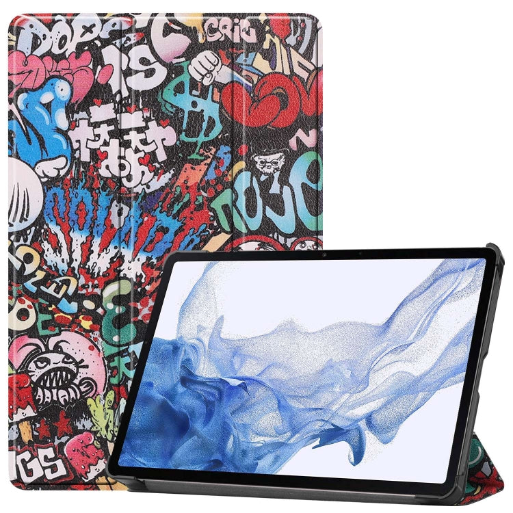 For Samsung Galaxy Tab S9 Custer Painted 3-Fold Holder Smart Leather Tablet Case(Graffiti) by bashfashion