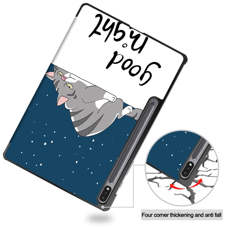 For Samsung Galaxy Tab S9 Custer Painted 3-Fold Holder Smart Leather Tablet Case(Lazy Cat) by bashfashion