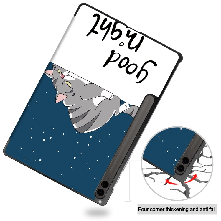 For Samsung Galaxy Tab S9 FE+ / S10+ Custer Painted 3-Fold Holder Smart Leather Tablet Case(Lazy Cat) by bashfashion