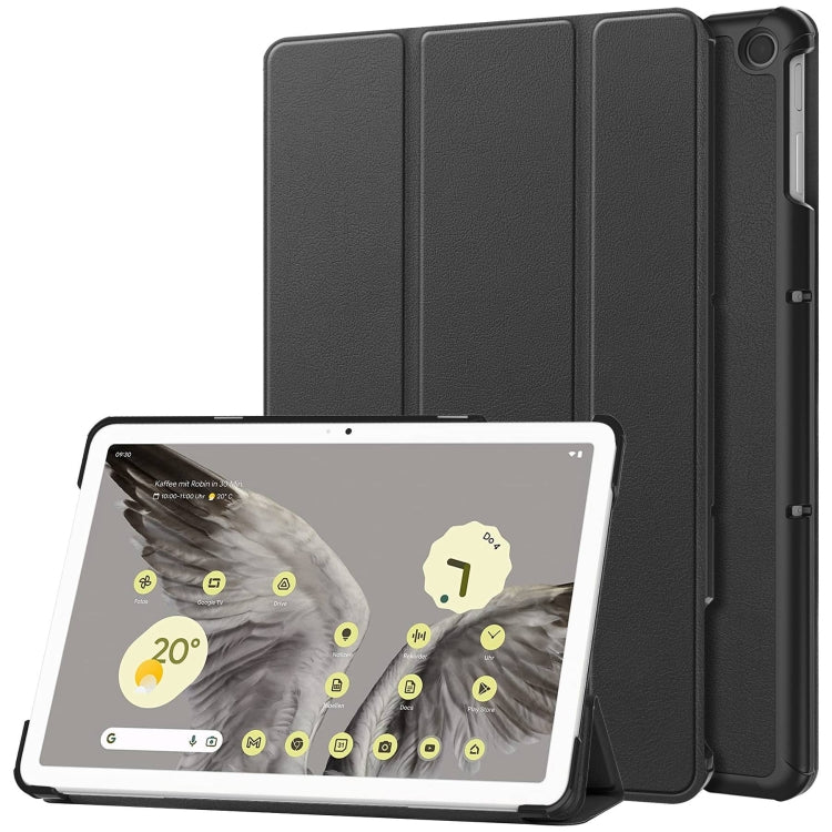 For Google Pixel Tablet Custer Pure Color 3-Fold Holder Smart Leather Tablet Case(Black) by bashfashion