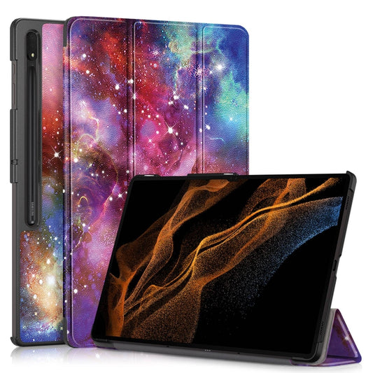 For Samsung Galaxy Tab S9 Ultra Custer Painted 3-Fold Holder Smart Leather Tablet Case(Milky Way Nebula) by bashfashion