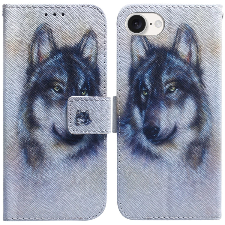 For iPhone 16e Coloured Drawing Flip Leather Phone Case(White Wolf) by bashfashion