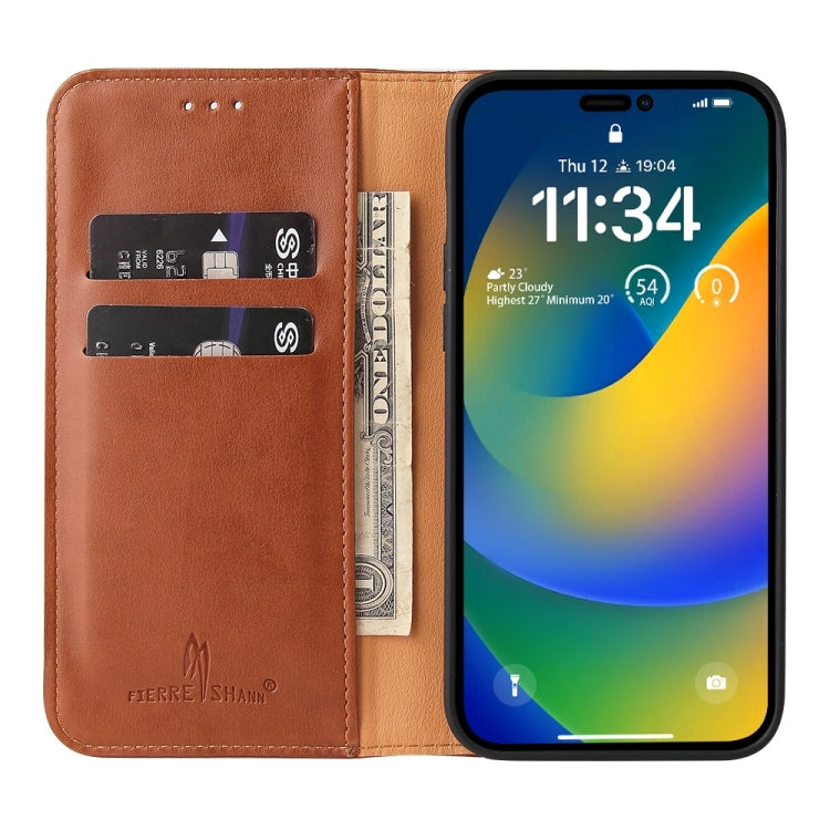 For iPhone 15 Pro Max Fierre Shann PU Genuine Leather Texture Phone Case(Brown) by FIERRE SHANN
