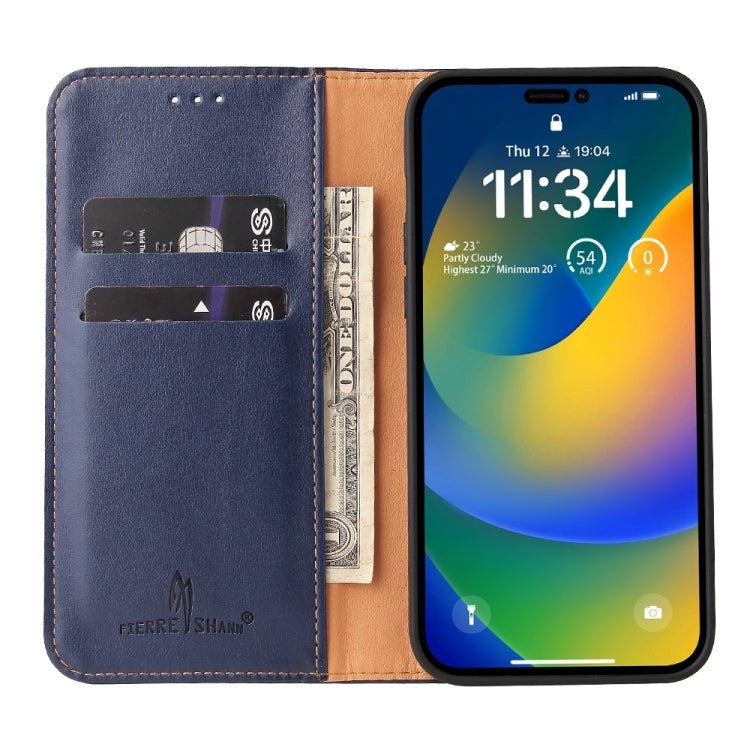 For iPhone 15 Pro Fierre Shann PU Genuine Leather Texture Phone Case(Blue) by FIERRE SHANN
