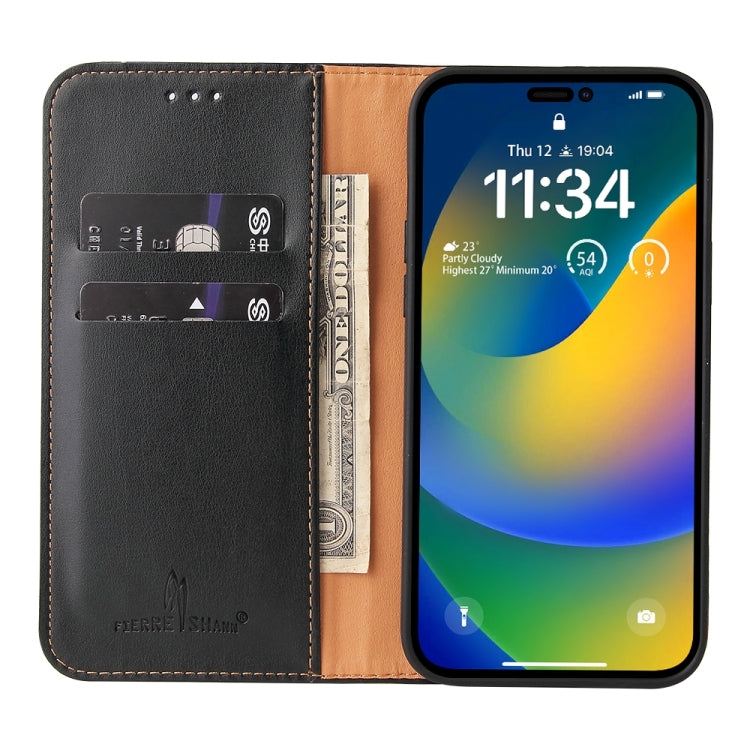For iPhone 15 Pro Fierre Shann PU Genuine Leather Texture Phone Case(Black) by FIERRE SHANN