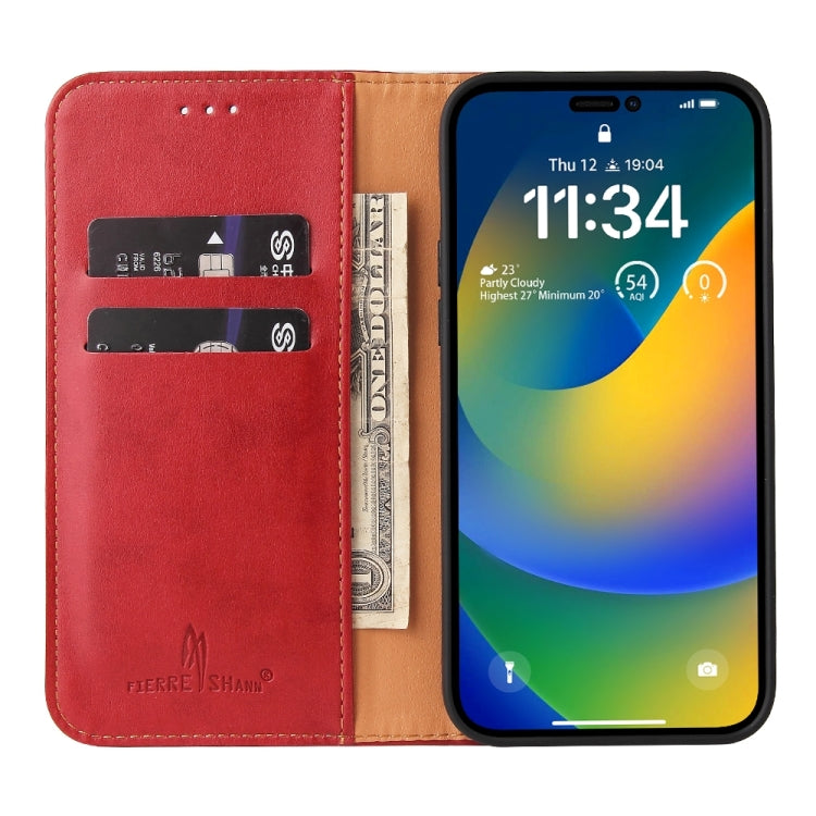 For iPhone 15 Pro Fierre Shann PU Genuine Leather Texture Phone Case(Red) by FIERRE SHANN