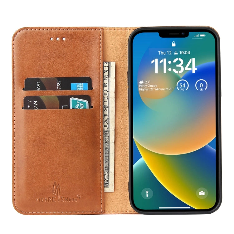 For iPhone 15 Plus Fierre Shann PU Genuine Leather Texture Phone Case(Brown) by FIERRE SHANN