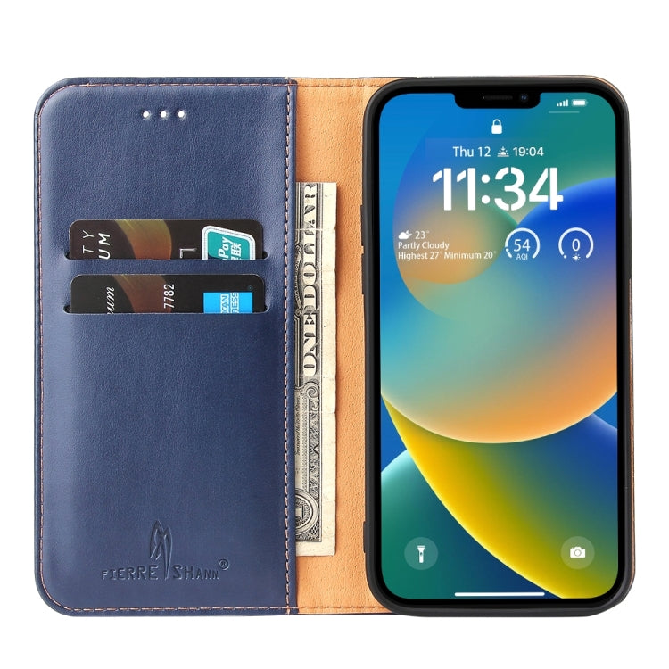 For iPhone 15 Fierre Shann PU Genuine Leather Texture Phone Case(Blue) by FIERRE SHANN