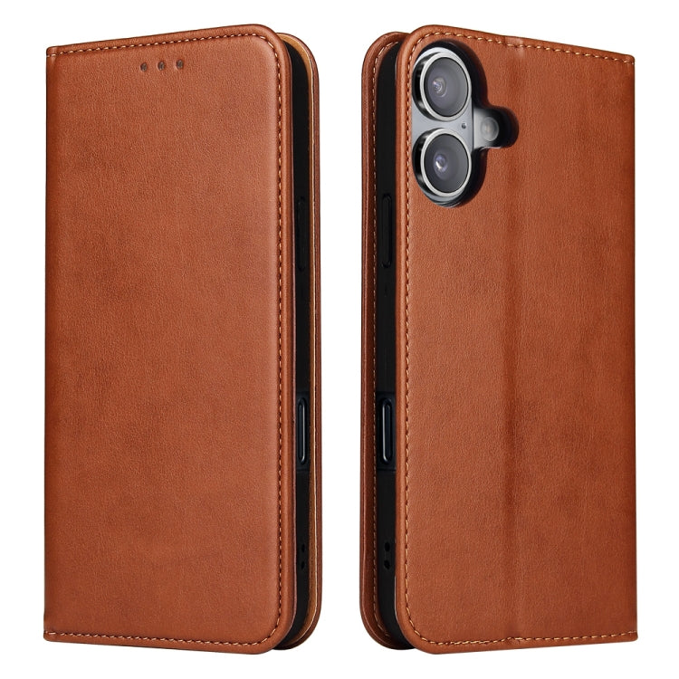 For iPhone 16 Fierre Shann PU Genuine Leather Texture Phone Case(Brown) by FIERRE SHANN