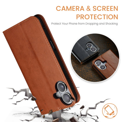 For iPhone 16 Fierre Shann PU Genuine Leather Texture Phone Case(Brown) by FIERRE SHANN
