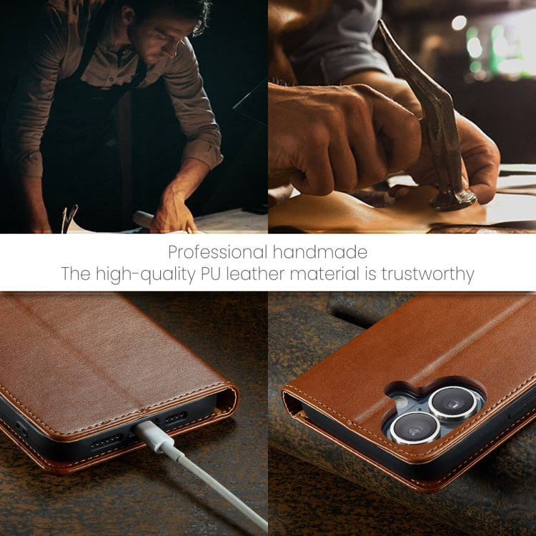 For iPhone 16 Fierre Shann PU Genuine Leather Texture Phone Case(Brown) by FIERRE SHANN