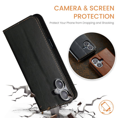 For iPhone 16 Fierre Shann PU Genuine Leather Texture Phone Case(Black) by FIERRE SHANN