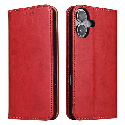 For iPhone 16 Fierre Shann PU Genuine Leather Texture Phone Case(Red) by FIERRE SHANN