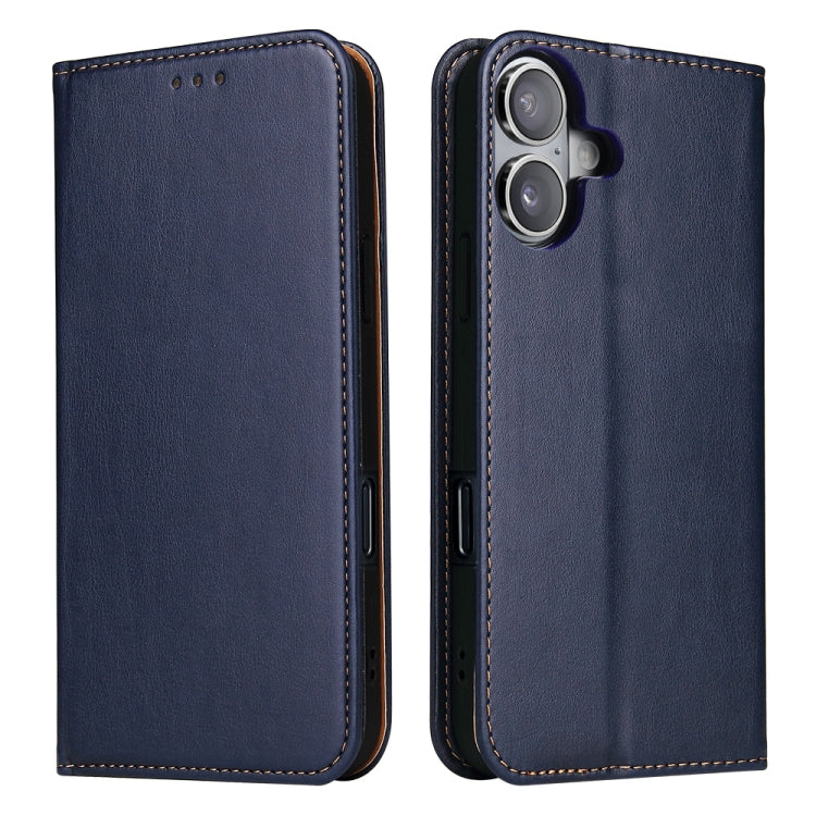 For iPhone 16 Plus Fierre Shann PU Genuine Leather Texture Phone Case(Blue) by FIERRE SHANN