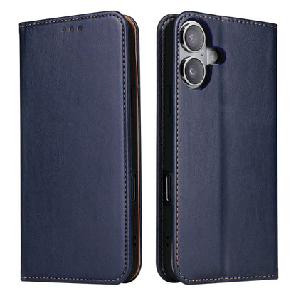 For iPhone 16 Plus Fierre Shann PU Genuine Leather Texture Phone Case(Blue) by FIERRE SHANN
