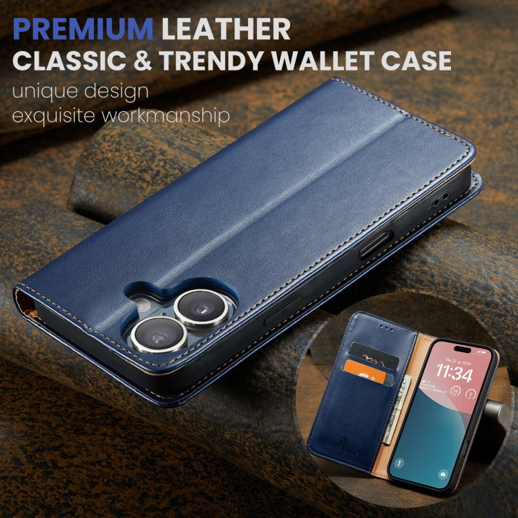 For iPhone 16 Plus Fierre Shann PU Genuine Leather Texture Phone Case(Blue) by FIERRE SHANN