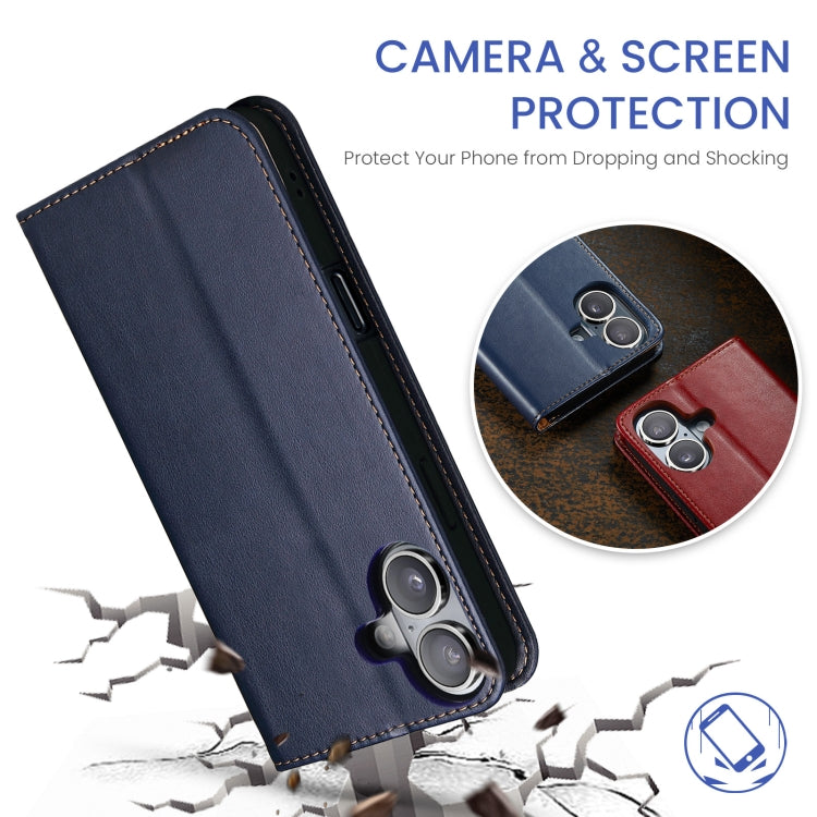 For iPhone 16 Plus Fierre Shann PU Genuine Leather Texture Phone Case(Blue) by FIERRE SHANN