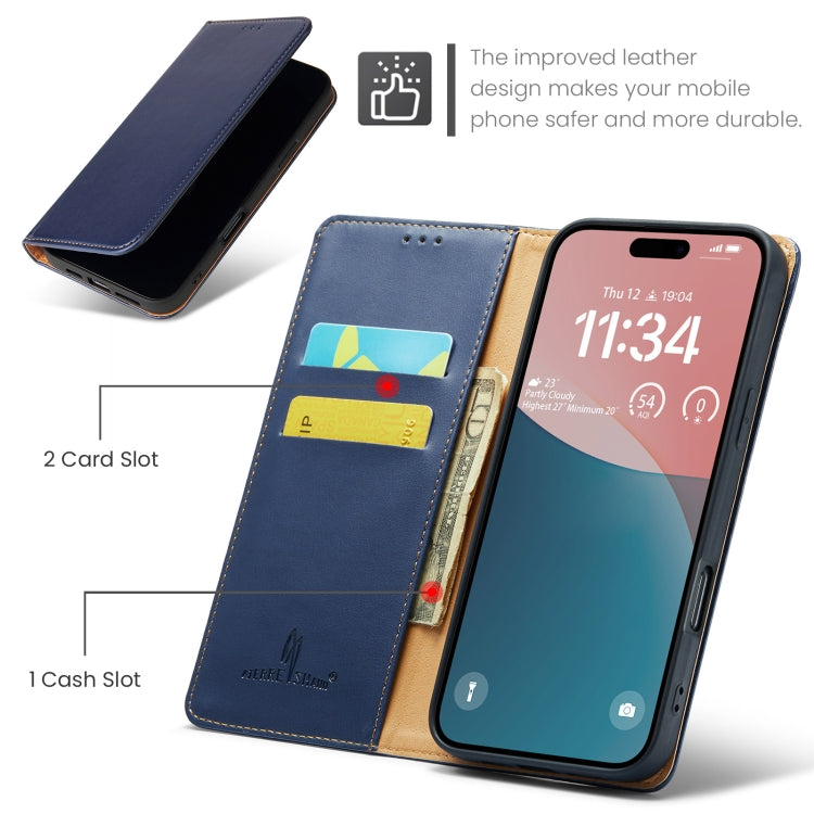 For iPhone 16 Plus Fierre Shann PU Genuine Leather Texture Phone Case(Blue) by FIERRE SHANN